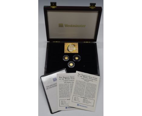 Westminster cased coins comprising three miniature gold coins, kangaroo nugget, Richard II Commemorative and Lord of the Ring