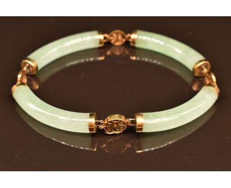 A 9k gold bracelet set with jade sections, 18.4g