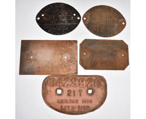 Five cast iron railway wagon plates comprising Scottish Region BR, two Midland Region BR, Shildon 1958 21 ton and Shell Mex &