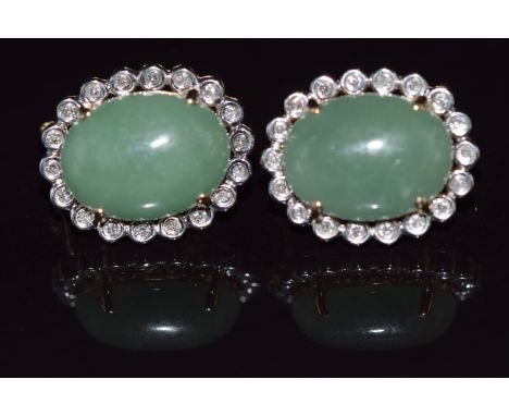 A pair of 9k gold earrings set with jade and diamonds, 8g