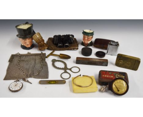 Collectables to include brass trench art snuff box, Bakelite Michelin tyre gauge, pipe, opera glasses, Lignum Vitae box with 