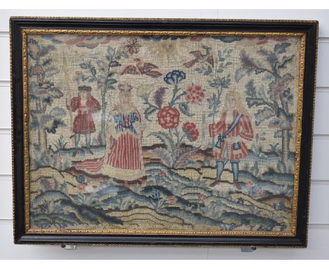 18th or 19thC tapestry depicting possible King and Queen figures in a garden including birds flying above and sun with face t