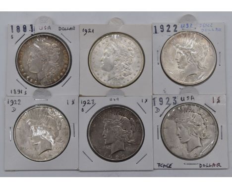 Six USA silver Dollars comprising an 1881 Morgan San Francisco example together with a 1921 Morgan and four Peace - 1922, 192