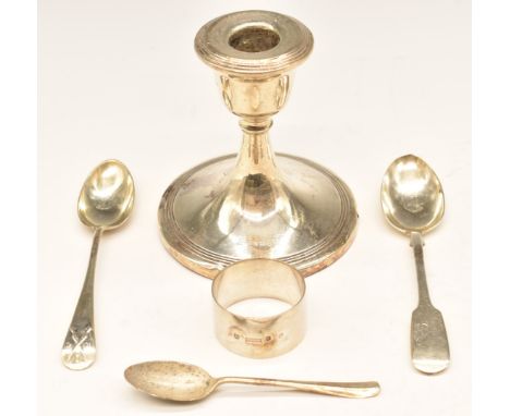 Hallmarked silver candlestick, height 10.5cm, three hallmarked silver teaspoons and a Scottish hallmarked silver napkin ring,