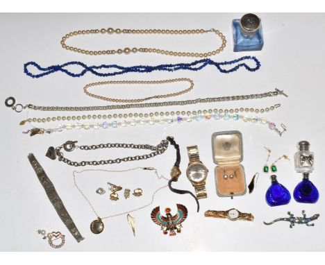 A collection of costume jewellery including Oris watch, a pair of silver gilt earrings set with paste, Monet earrings, pearl 