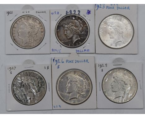 Six USA silver Dollars comprising a 1921 Morgan and five Peace examples, 1922, 1923, 1926, 1927 and 1928, includes San Franci