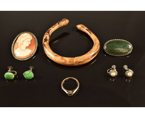 A 9ct gold ring mount (2.8g), wooden bangle, silver cameo brooch, etc