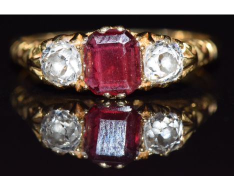 Victorian 18ct gold&nbsp;ring set with an emerald cut garnet and two old cut diamonds each measuring 0.15ct, 2.6g, size K&nbs