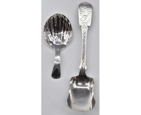 Georgian hallmarked silver caddy spoon, London 1802, together with a Victorian hallmarked silver scoop, Birmingham 1858, make