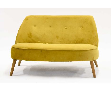 A Modern Ash Framed Lounge Sofa, upholstered in gold fabric, 123cm by 77cm by 77cm