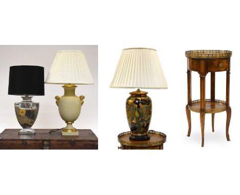 A Reproduction Two-Tier Leather Inset Lamp Table with Brass Gallery, 36cm by 70cm, together with three modern table lamps