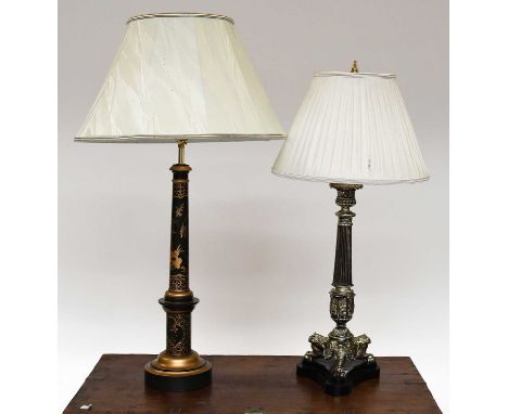 A Modern Chinoiserie-Style Gilt and Black Table Lamp, 81cm including shade, together with a reproduction silvered table lamp 