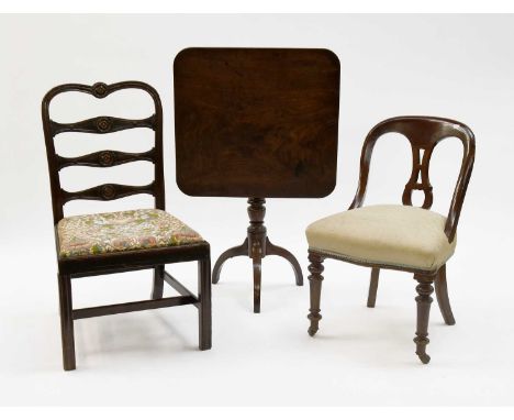 A George III Mahogany Tilt Top Tripod Table, 68cm by 63cm by 74cm, together with two 19th century side chairs (3)
