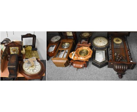 A Selection of Clocks, including wall clocks, Vienna type wall clock, mantel clocks and a thirty hour longcase clock brass di