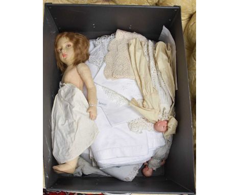 Assorted Dolls and Textiles comprising a Lenci jointed doll with brown wig, brown side glancing eyes, 'Lenci' stamped in blac