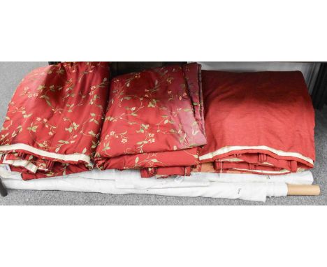 Pair of Modern Red Silk Curtains, embroidered with floral motifs, lined and interlined with pencil pleat headings, 227cm long