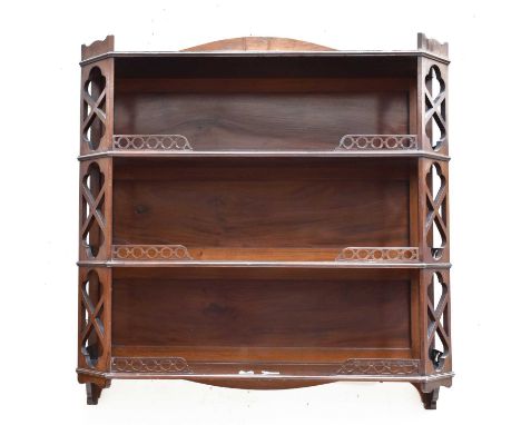 Mahogany Three-Tier Hanging Shelf, with pierced fretwork and gallery, 85cm by 23cm by 90cm