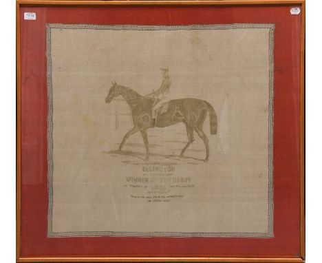 A Derby Souvenir Handkerchief, depicting the racehorse, inscribed "Ellington, sire-flying Dutchman. Winner of the Derby 1856,