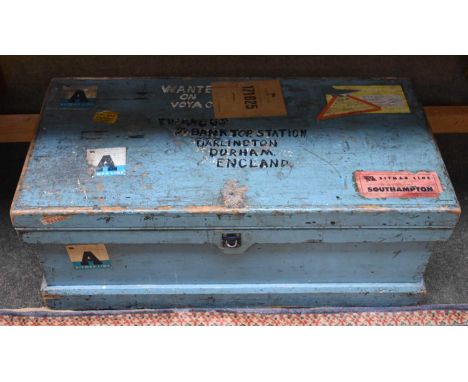 A Victorian Blue Painted Joiners Chest, with shipping labels, containing a variety of vintage tools, (T.W Angus c/o Bank Top 
