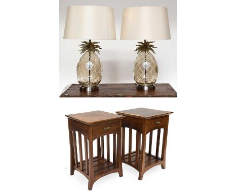 A Pair of Modern Hardwood Bedside Tables, each with a draw and shelf stretcher, 45cm square by 72cm, together with a pair of 