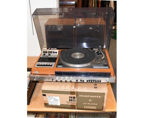 A Sony Stereo Record Player, a pair of Sony speakers, model No. SS-5177 A and a boxed Marantz cd player  