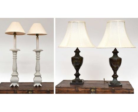 A Pair of Bronze Effect Urn Formed Table Lamps, together with another pair of painted wooden table lamps (4)