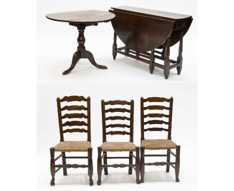 An 18th Century Oak Gateleg Table, on turned and block supports, 119cm by 106cm by 89cm, a small drop leaf tripod table of si