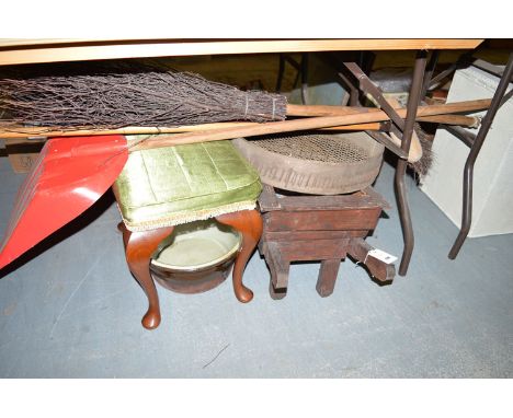 A miniature wheelbarrow; a stool; garden tools; and sundries.