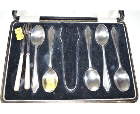 Five silver teaspoons and matching sugar tongs; together with two silver and mother-of-pearl pickle forks.