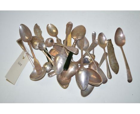 Silver teaspoons; preserve spoons; ladle; and sundries.