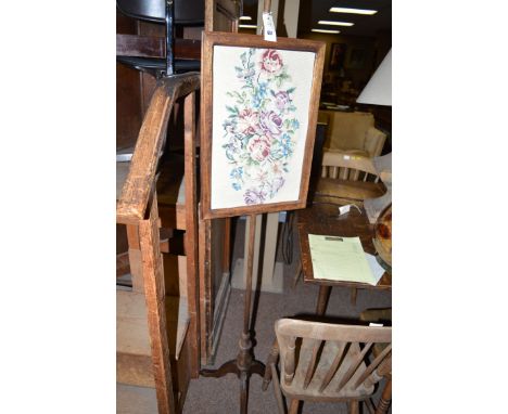 A 19th Century stained wood pole screen with rectangular tapestry screen.