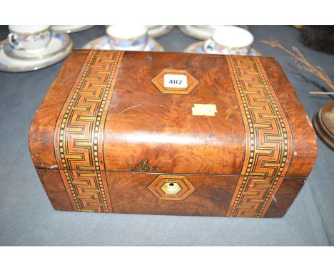 A Victorian inlaid walnut trinket box; together with a 1953 Coronation tin.