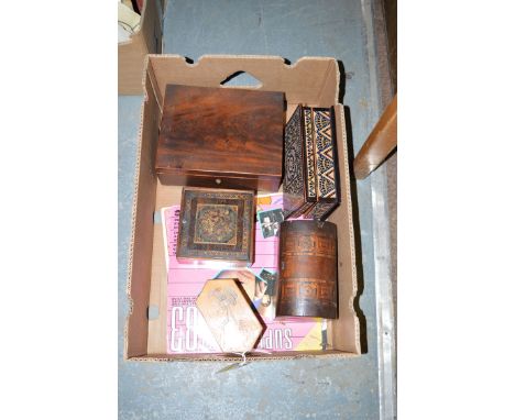 A 19th Century mahogany box with fitted interior; a Tunbridge ware tea caddy; and three other decorative boxes, various.