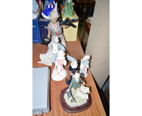 A Lladro figure of an Eastern girl; a Lladro ballerina group; together with two Coalport figurines; a Nao figure; and a Leona