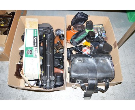 A collection of cameras; lenses; binoculars; tripods; camera accessories; etc., in two boxes.