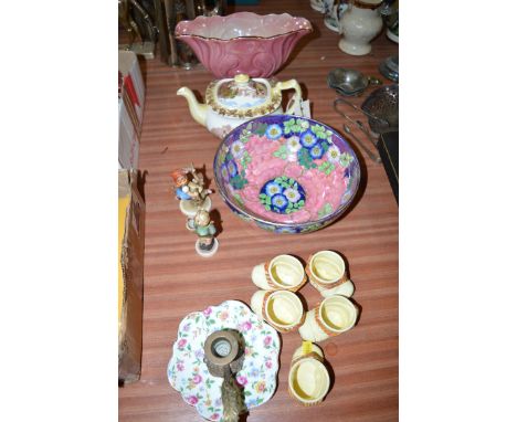 A Maling bowl with floral decoration on lustre ground; a Maling teapot; a Maling vase; two Hummel figures; and sundry decorat