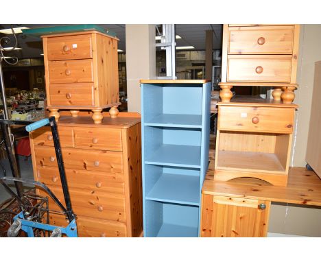 A modern pine chest of two short and four long drawers; a pair of three drawer bedside cabinets; a single drawer bedside cabi