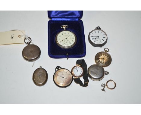 A silver cased open faced pocket watch, by Henry Birks & Sons, in fitted case; three further silver cased pocket watches; a y