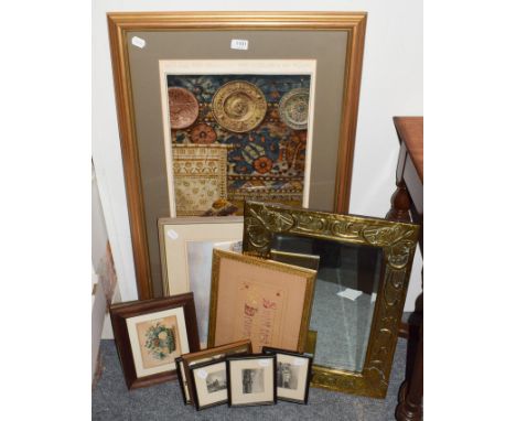 Charles Simpson Elms? with Penhill, signed, watercolour, together with a Peers print ''Goldfish'', a mirror, sampler and prin