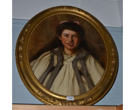 R.H.A Ross (20th century) Portrait of a girl with a pink bow, signed and dated 1909? oil on canvas, 47.5cm dia. (oval)