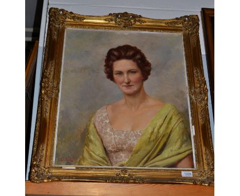 Fortunino Matania RI (1881-1963) Italian, Portrait of a lady, wearing a cream brocade dress and green shawl, signed, oil on c