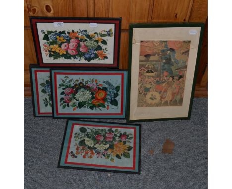 * A set of six 19th century pithpaper paintings of botanical studies, 20cm by 30cm together with a Japanese woodblock print (