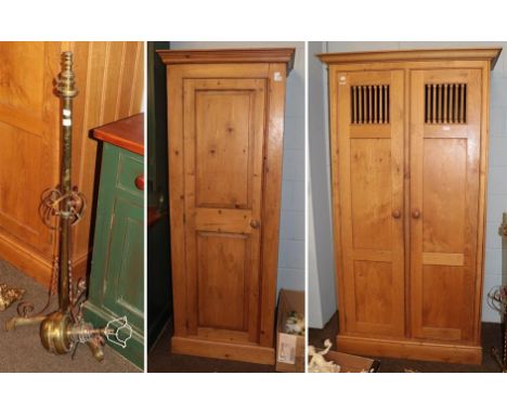 An oak cupboard with grill doors 103cm by 51cm by 211cm together with a single pine wardrobe and a brass standard lamp (3)