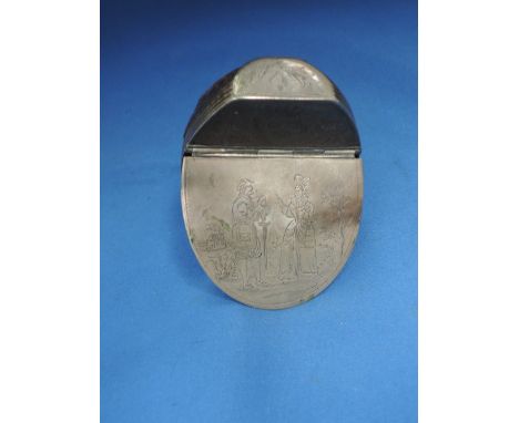 An 18th century snuff box of tortoiseshell form having white metal engraved armorial and pictorial decoration