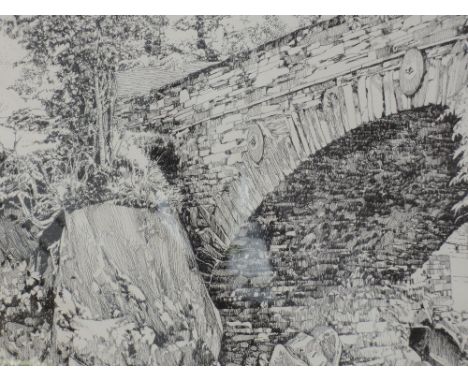 A print after Karl Stedman, river bridge, 14x20', mounted and framed and a pencil sketch after Karl Stedman, stately home, 14