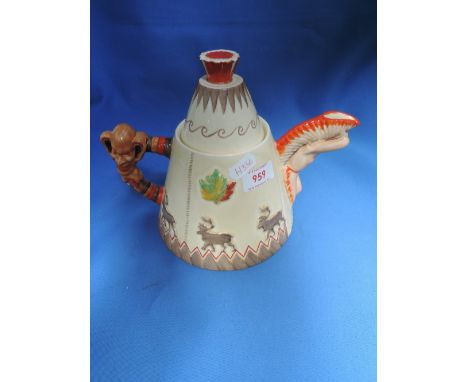 A Newport pottery Clarice Cliff novelty tea pot modelled as native Canadian teepee 'Greetings from Canada'