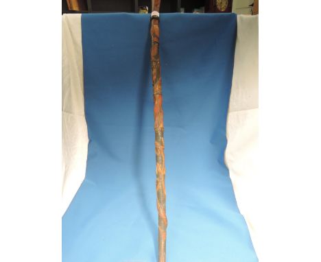 A vintage carved walking stick/cane having polychrome Cahuilla Indian decoration 'Agua Caliente'