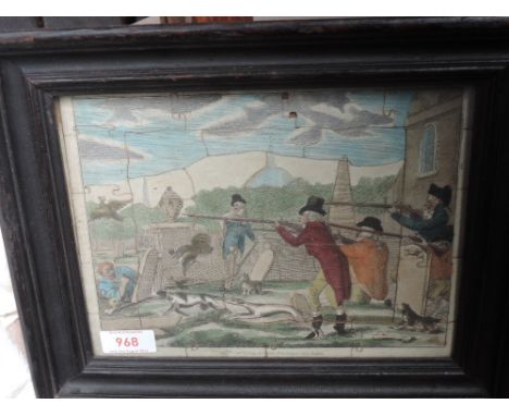 An 18th century block jigsaw, Wallis, hunting scene 1792, in frame