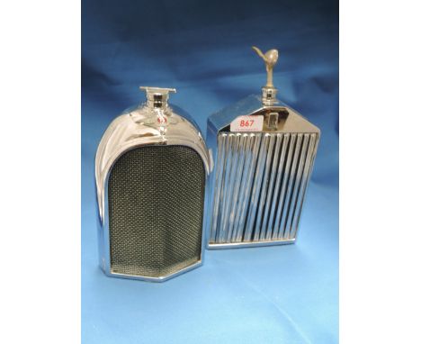 A vintage decanter/flask modelled as a Rolls Royce chrome radiator grill and a similar flask modelled as a Bentley grill by R