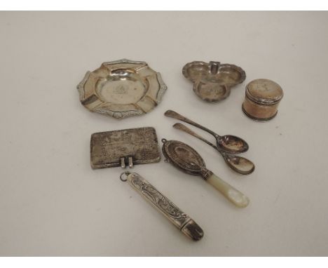A small selection of HM silver and white metal including ash tray, patch box, tea spoons etc 
